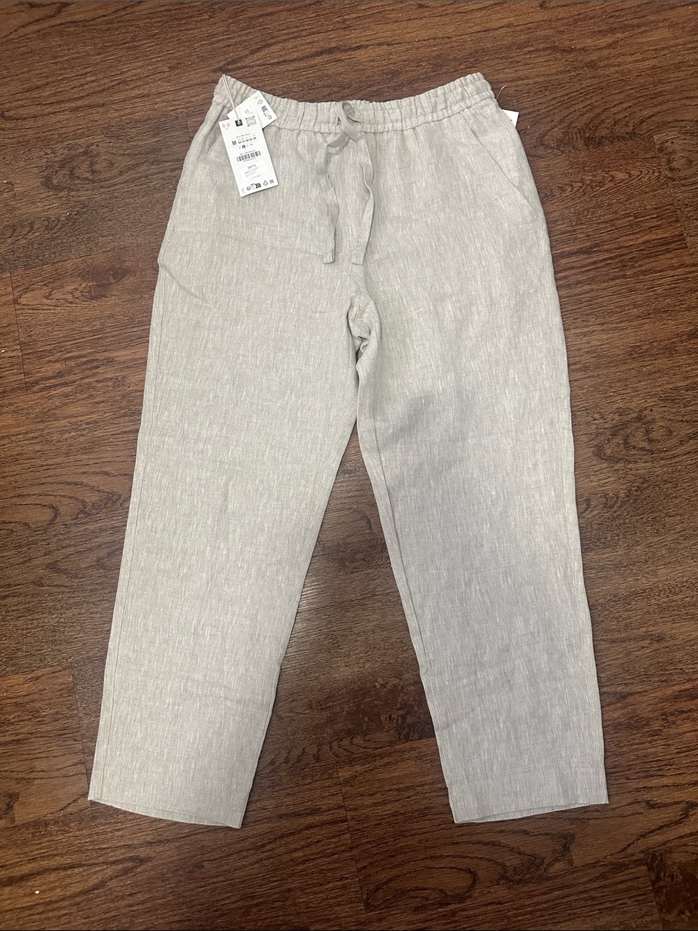 Zara Light Gray Cropped Drawstring 100% Linen Pants